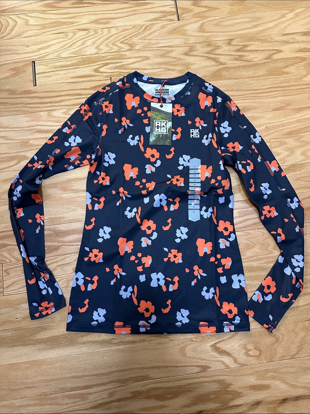 Duluth Trading Co Navy Base Layer with Orange & Light Blue Floral Print